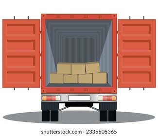 Open sea container on delivery truck with cardboard boxes. 
Isolated on white background. Back view. Transport services, logistics and freight of goods. Flat style, vector illustration.