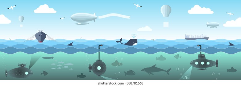 Open sea view from the submarines, fish, ships, airships