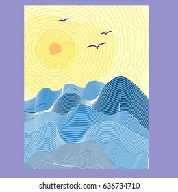 Open sea with the waves and dim the sun in the sky, vector illustration