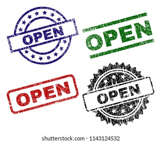 OPEN seal prints with distress style. Black, green,red,blue vector rubber prints of OPEN tag with grunge surface. Rubber seals with round, rectangle, medallion shapes.