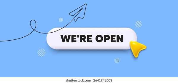 Open search bar. Share plane line icon. We are open. Promotion new business sign. Welcome advertising symbol. Search button with 3d cursor. Vector