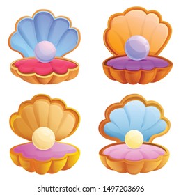 Open seashell icons set. Cartoon set of open seashell vector icons for web design