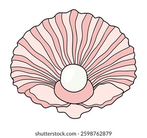 Open seashell with a pearl inside. Colored outline vector drawing isolated on white background
