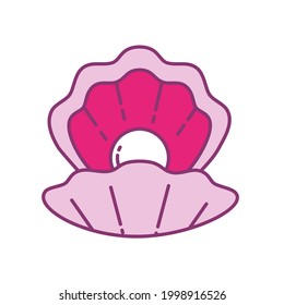 Open seashell with a pearl. Logo, design element, print. Vector isolated on white background.