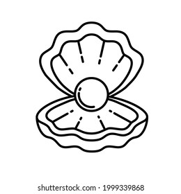 Open seashell with a pearl. Logo, design element, print. Black line vector isolated on white background.