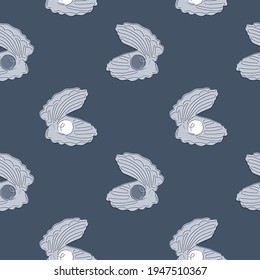 Open Seashell with Pearl seamless pattern in line art. Continuous one line drawing Oyster and Jewel in blue background. Vector illustration