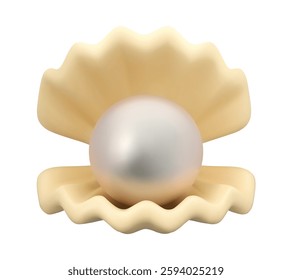 Open seashell with pearl vector 3d icon. White cartoon sea shell, cute child illustration isolated on white background. Design element in simple style.