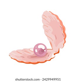 Open seashell with purple pearl and red flaps. Rare marine mollusk, shellfish with treasure inside, underwater shell with valuable luxury shiny mother of pearl ball cartoon vector illustration