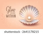 Open Seashell with Shiny Pearl, Vector Illustration. Realistic Pearl Shell Vector for Cosmetic Packaging, Sea Jewelry Design, Spa Logo, Luxury Beauty Branding, Skincare Product Art, Ocean Illustration