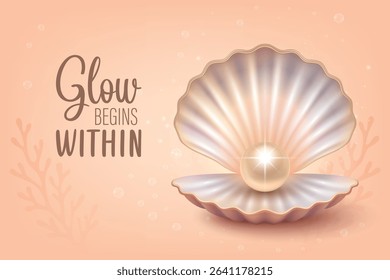 Open Seashell with Shiny Pearl, Vector Illustration. Realistic Pearl Shell Vector for Cosmetic Packaging, Sea Jewelry Design, Spa Logo, Luxury Beauty Branding, Skincare Product Art, Ocean Illustration