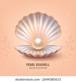 Open Seashell with Shiny Pearl, Vector Illustration. Realistic Pearl Shell Vector for Cosmetic Packaging, Sea Jewelry Design, Spa Logo, Luxury Beauty Branding, Skincare Product Art, Ocean Illustration