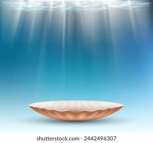 Open seashell is underwater. Stock vector illustration