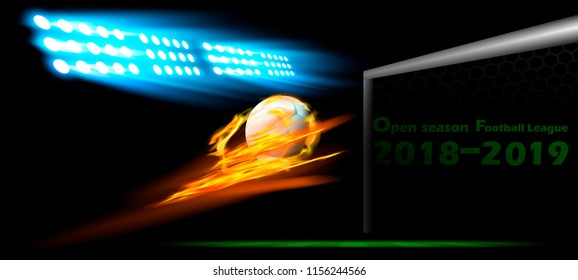 Open season Football League  2018-2019 Text - Football in a fiery flame, football field,spot light.