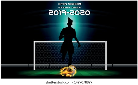 Open season Football League  2019-2020 Text - with Soccer player, Football in a fiery flame, Grass  football field.
