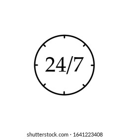 Open or served around the clock, 24 hours a day and 7 days a week flat red stylized icon isolated on white background. Vector illustration