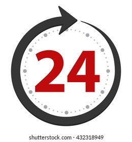 Open or served around the clock, 24 hours a day flat red stylized icon isolated on white background. Vector illustration