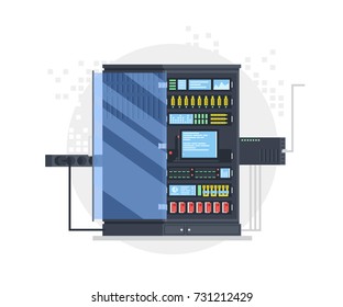 Open server rack with server equipment, concept of server room with cables and router 3d 
cartoon vector illustration