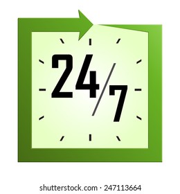 Open  and service around the clock or 24 hours a day and 7 days a week square icon or symbol isolated on white background. Vector illustration