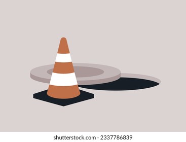 An open sewer hatch indicated with a traffic orange cone, maintenance works