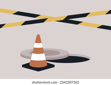 An open sewer hatch indicated with a traffic orange cone, a yellow do not cross tape used as a barrier, maintenance works