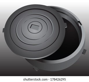 Open sewer hatch installed on the streets. Vector illustration.
