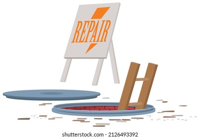 Open sewer hatch. Renovation in city. Illustration concept template for website, web landing page, banner, presentation, social, poster, promotion or print media.