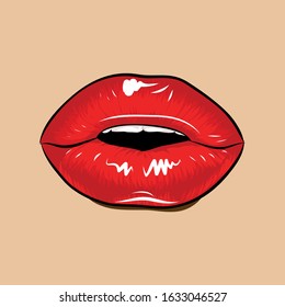 Open sexy lips drawing - Red lips open retro icon isolated on skin color background. Vector illustration. Sexy lips, female lips with red lipstick.