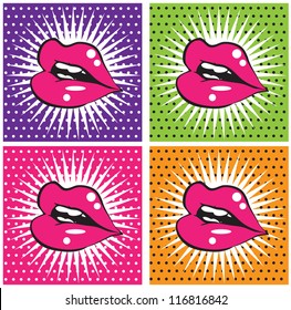 Open Sexy wet  red lips with teeth pop art set backgrounds
