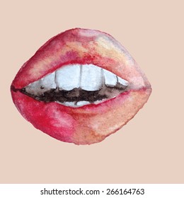 Open Sexy wet red lips with teeth. Watercolor vector illustration.