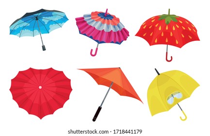 Open Shaped Bright Umbrellas for Rainy Weather Protection Vector Set
