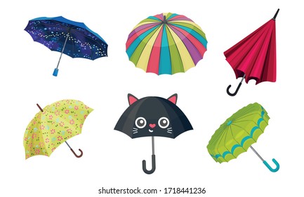 Open Shaped Bright Umbrellas for Rainy Weather Protection Vector Set