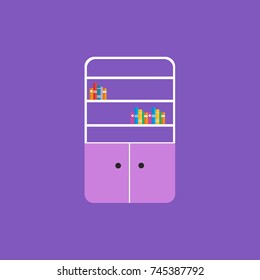 Open shelf with cupboard isolated vector in purple background