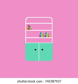 Open shelf with cupboard isolated vector in pink background