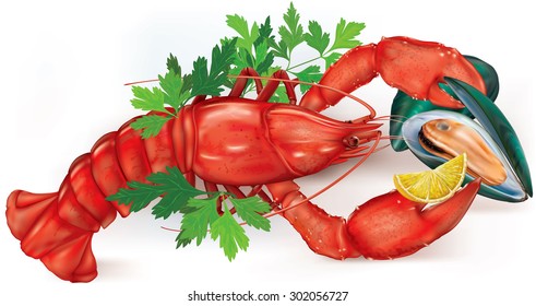 open shell mussel on a lobster claws with lemon. vector illustration