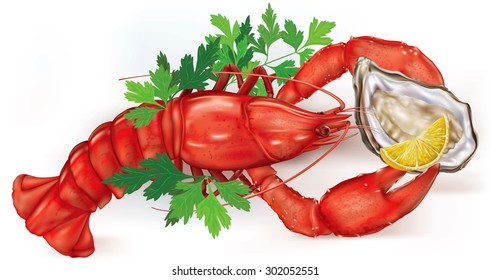 open shell oyster on a lobster claws with lemon. vector illustration