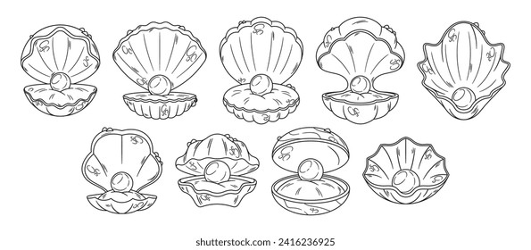 Open Shell With Pearl Outline Vector Icons Set, Features Elegant And Minimalist Symbols, Capturing The Essence Of Shells