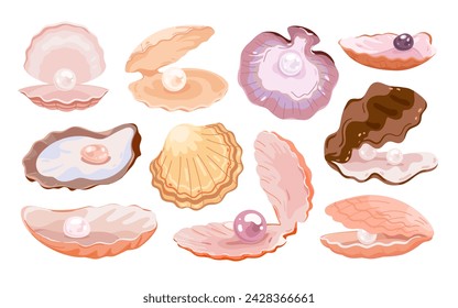 Open shell with pearl set. Underwater ocean or sea shiny treasure collection, top and side view of seashell with expensive ball of mother of pearl and glow light effect cartoon vector illustration