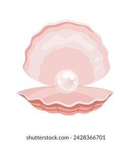 Open shell with white pearl and pink flaps. Front view of seashell with ball of shiny mother of pearl inside and wavy sashes, underwater jewelry treasure for woman cartoon vector illustration