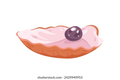 Open shell with white pearl and pink flaps. Front view of seashell with ball of shiny mother of pearl inside and wavy sashes, underwater jewelry treasure for woman cartoon