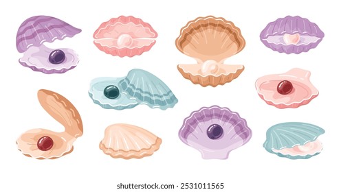 Conchas abiertas con perlas costosas joyas naturales conjunto de tesoros de lujo Ilustración vectorial isométrica. Ocean ostra accesorio hermoso mar deslumbramiento púrpura rosa beige verde molusco decorativo