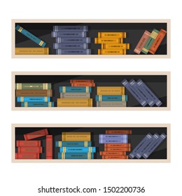 Open shelves with randomly lying books. Three bookshelf icons. Vector set