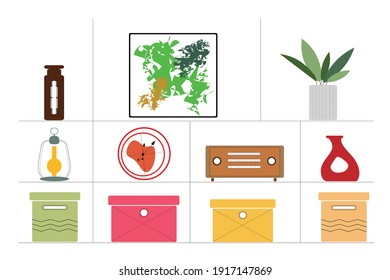 Offene Regale mit verschiedenen Hausartikeln (Farbe)