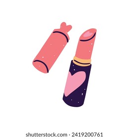 Open shiny pink lipstick. Cute plastic packaging of lip balm. Decorative cosmetics for professional makeup. Beauty supplies. Visage accessory. Flat isolated vector illustration on white background