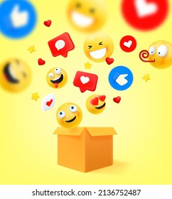 Open shipping box with flying icons. Social network communication concept. 3d vector illustration