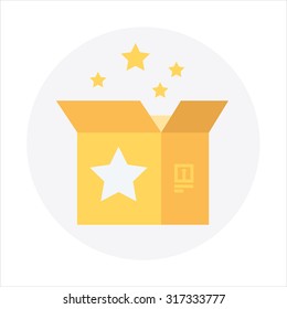 Open Shipping Box With Gold Stars. Product Release, Packaging Theme, Flat Style, Colorful, Vector Icon For Info Graphics, Websites, Mobile And Print Media.