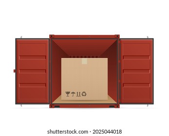 Open shipping cargo container with box on a white background. Vector illustration.