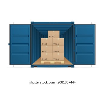 Open shipping cargo container with boxes on a white background. Vector illustration.