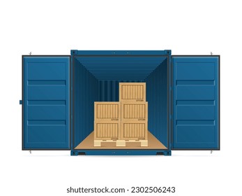 Offener Frachtcontainer mit Holzkisten auf weißem Hintergrund. Vektorgrafik.