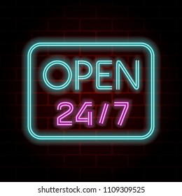 Open Shop 24/7 Neon light sign. Vector illustration.