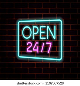 Open Shop 24/7 Neon light sign. Vector illustration.